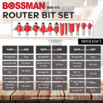 "BOSSMAN" ROUTER BIT SET 15PCS x 6.35mm (1/4'') BRB-615