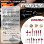 "BOSSMAN" ROUTER BIT SET 15PCS x 6.35mm (1/4'') BRB-615